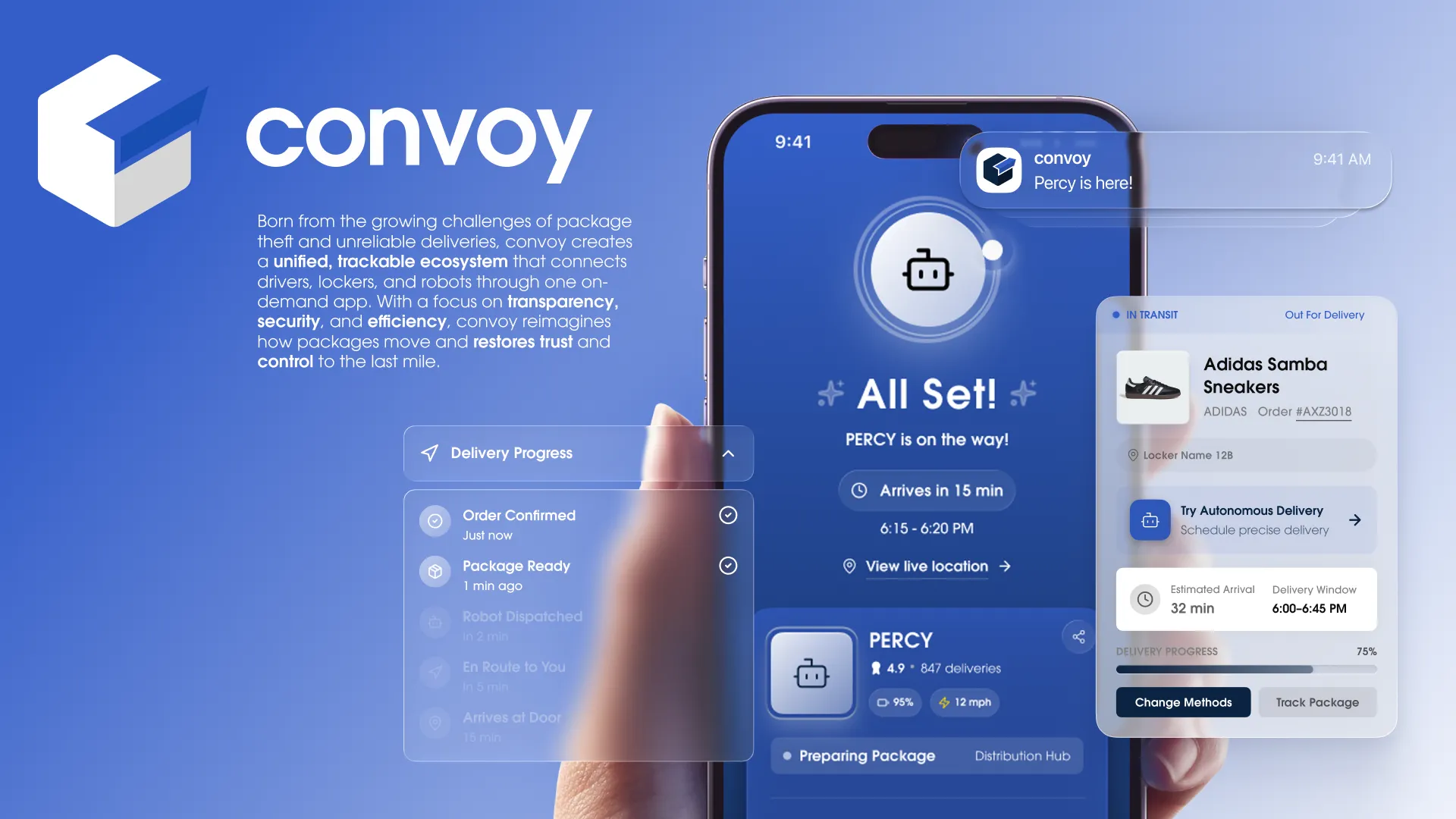 Convoy app ecosystem showing delivery tracking and robot dispatch