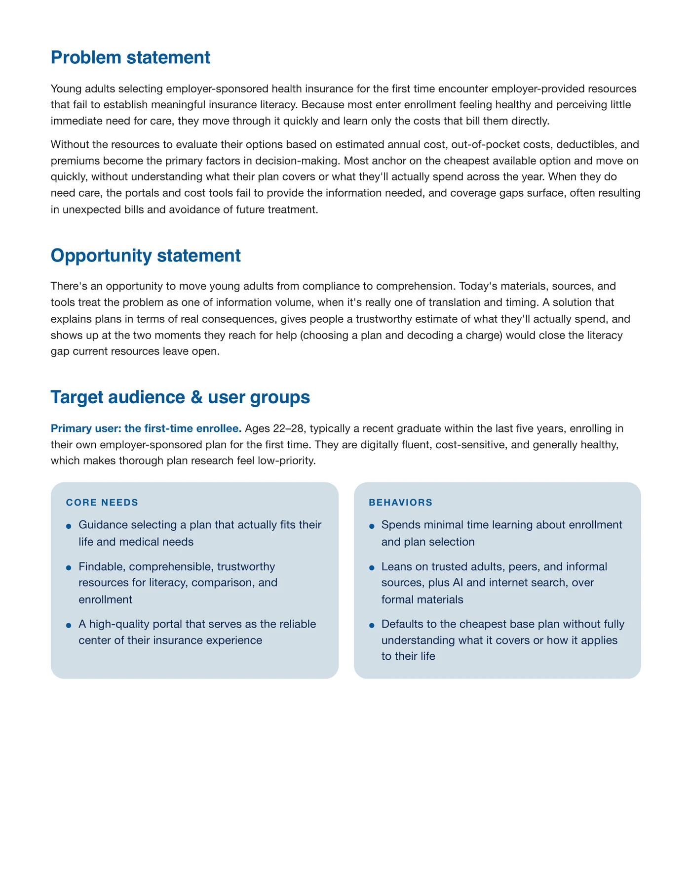 Design brief page 2 — problem statement, opportunity statement, and primary user definition